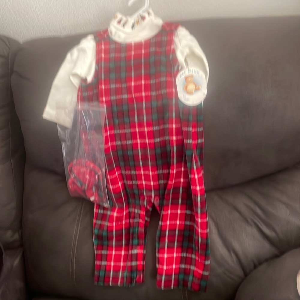 All mine, 6-9 months red & green plaid, overalls w/ turtle neck for holidays